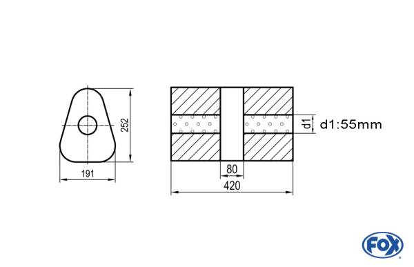 Uni-Schalldämpfer dreieck ohne Stutzen mit Kammer - Abw. 725 191x252mm, d1Ø 55mm, Länge: 420mm