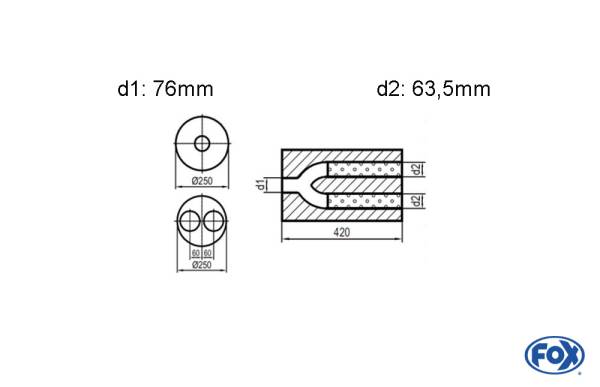 Uni-Schalldämpfer rund zweiflutig mit Hose - Abwicklung 784 Ø 250mm, d1: 70mm, d2: 63,5mm innen - Lä