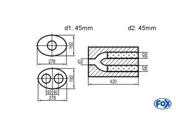 Uni-Schalldämpfer oval zweiflutig mit Hose - Abwicklung 754 278x192mm, d1Ø 45mm d2Ø 40mm, Länge: 42