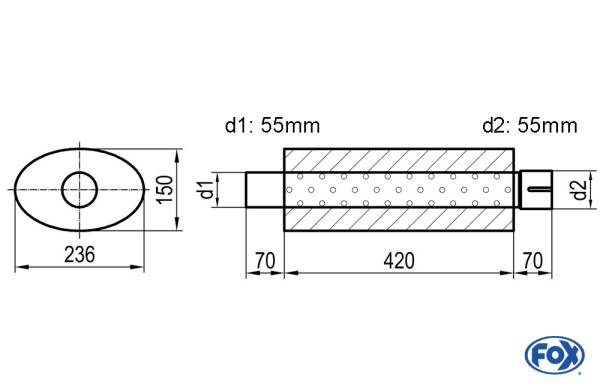 Uni-Schalldämpfer oval mit Stutzen - Abwicklung 618 236x150mm, d1Ø 55mm d2Ø 55,5mm, Länge: 420mm
