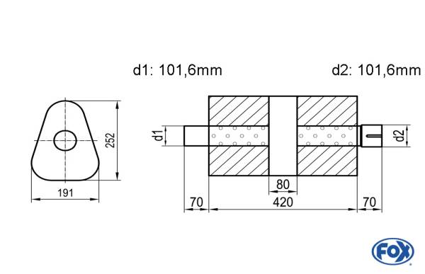 Uni-Schalldämpfer dreieck mit Kammer + Stutzen - Abw. 725 191x252mm, d1Ø 101,6mm (außen), d2Ø 101,6m