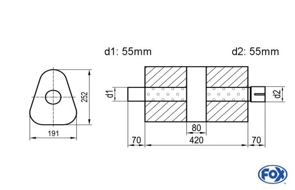 Uni-Schalldämpfer dreieck mit Kammer + Stutzen - Abw. 725 191x252mm, d1Ø 55mm (außen), d2Ø 55mm (inn