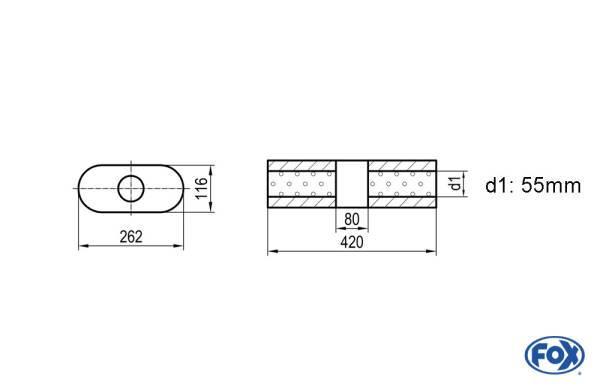 Uni-Schalldämpfer oval ohne Stutzen mit Kammer - Abw. 650 262x116mm, d1Ø 55mm, Länge: 420mm