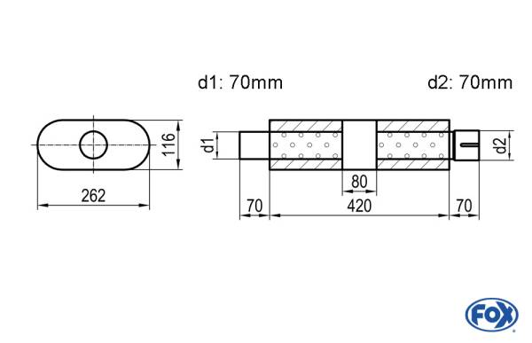 Uni-Schalldämpfer oval mit Kammer + Stutzen - Abw. 650 262x116mm, d1Ø 70mm (außen), d2Ø 70mm (innen)