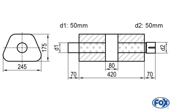 Uni-Schalldämpfer trapez mit Kammer + Stutzen - Abw. 711 245x175mm, d1Ø 50mm (außen), d2Ø 50mm (inne