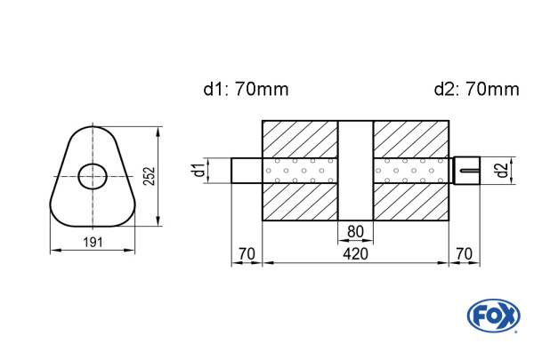 Uni-Schalldämpfer dreieck mit Kammer + Stutzen - Abw. 725 191x252mm, d1Ø 70mm (außen), d2Ø 70mm (inn